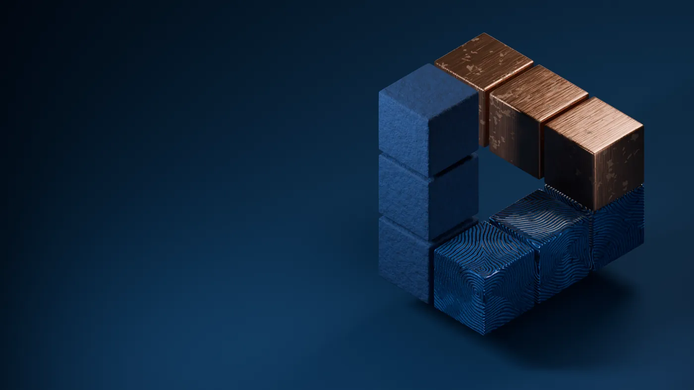 Un mismo ensamble integra los bloques de estrategia en azul liso, diseño en azul texturado y tecnología en cobre.