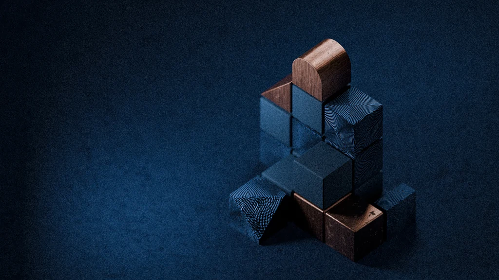 Torres de bloques de azul mineral con texturas y remate de cobre, universo visual APTO
